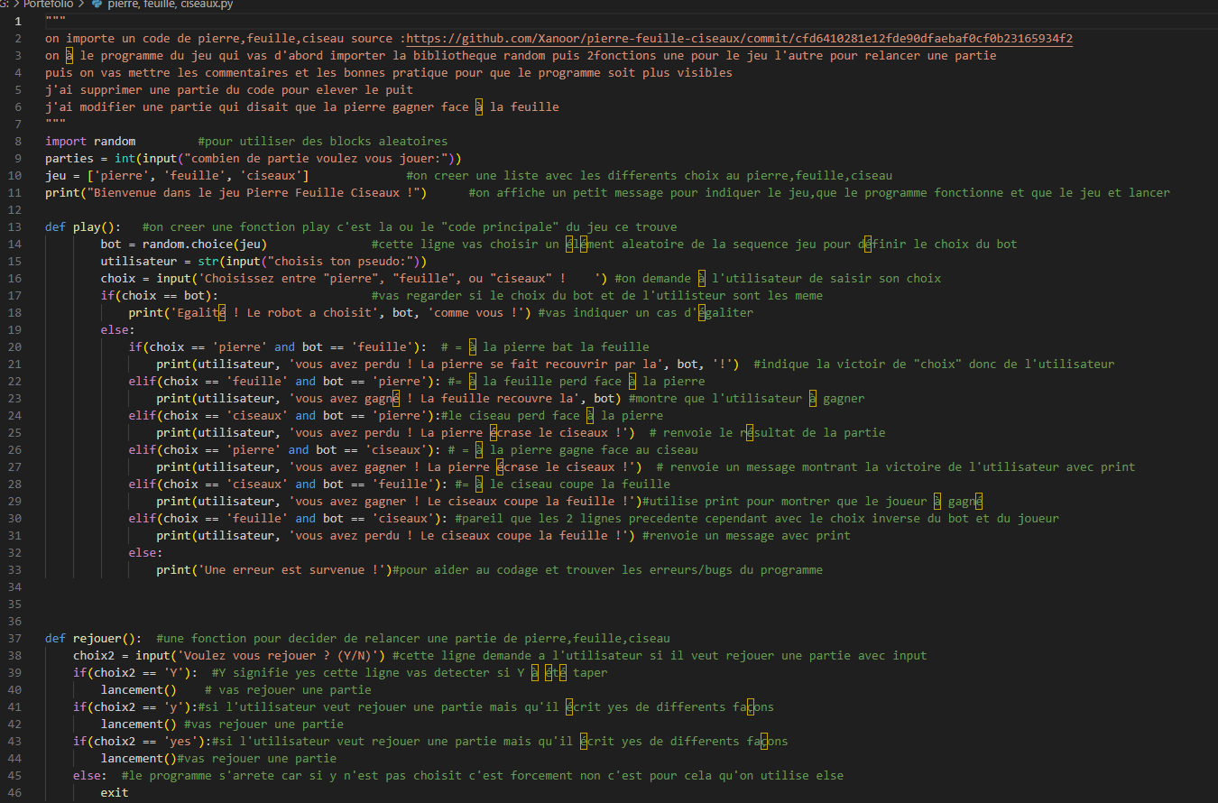 Code en python du jeu pierre feuille ciseaux
